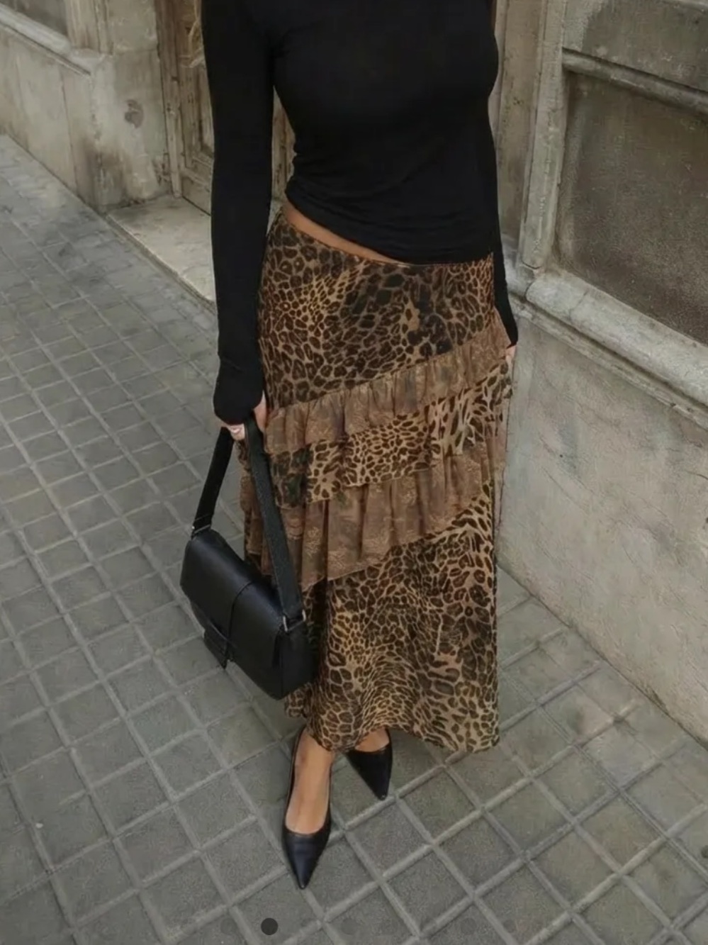 Leopard Print Ruffle Tier Maxi Skirt - Brown